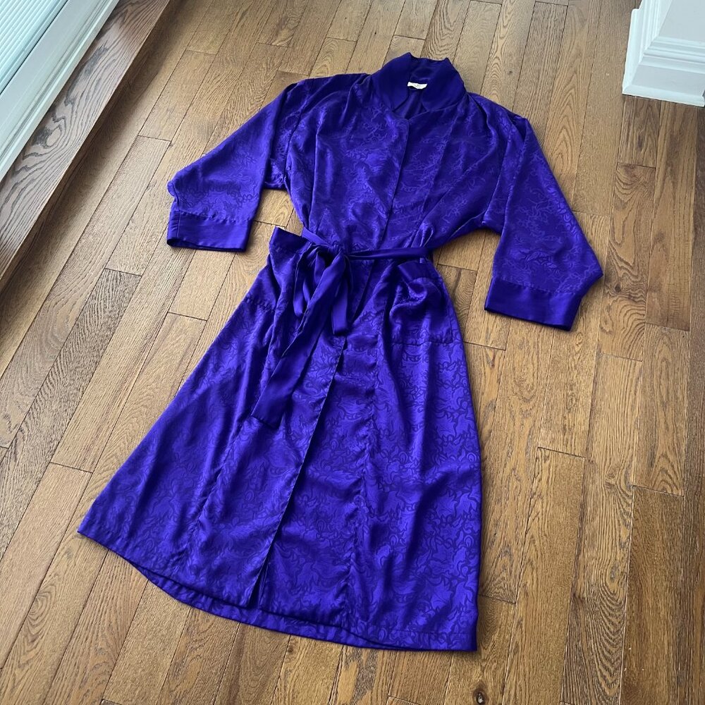 Vintage 80s Gold Label Victoria’s Secret Purple‎ Satin Robe Womens M Jacquard - Picture 6 of 10